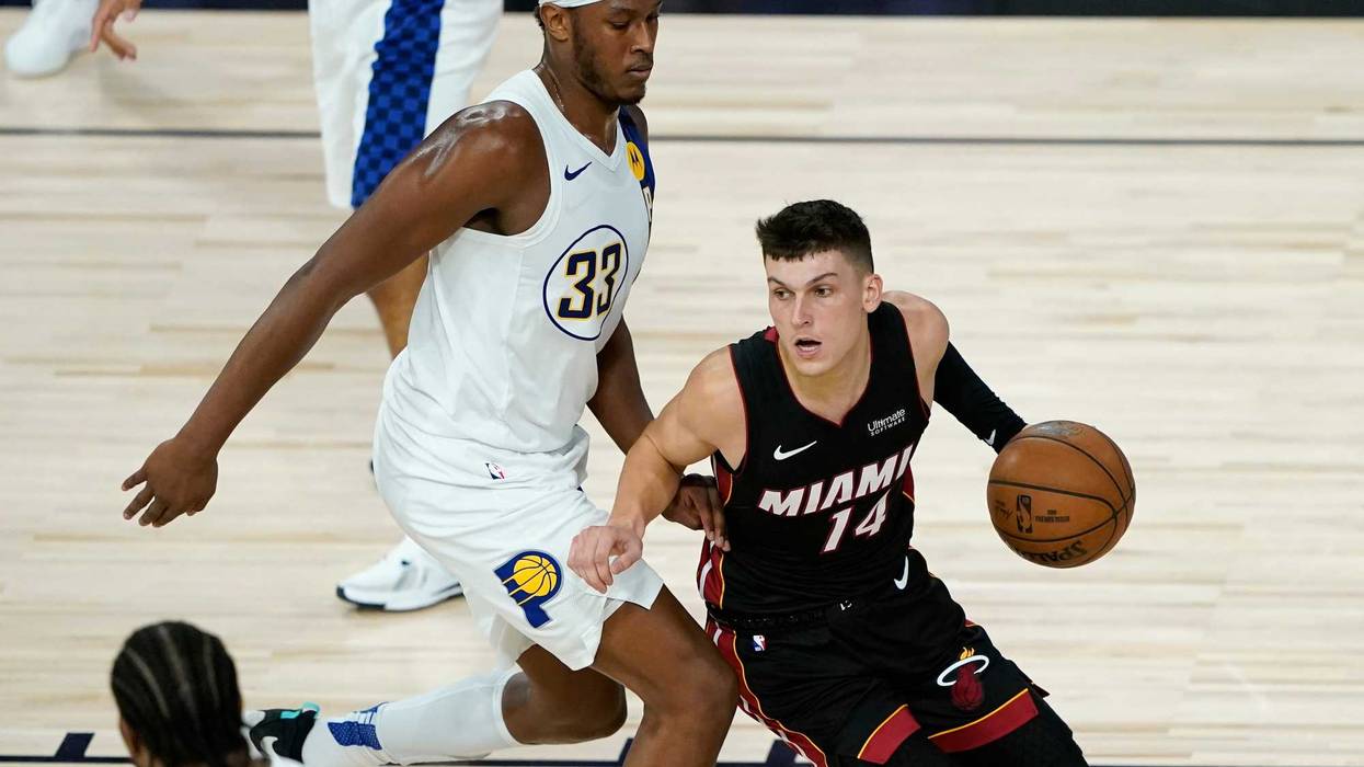 Tyler Herro drives to the basket against the Indiana Pacers