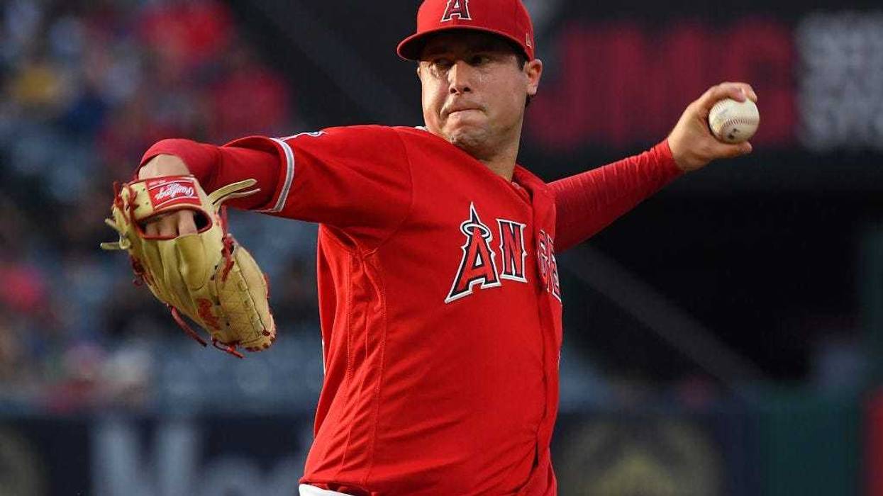 Tyler Skaggs #45 of the Los Angeles Angels pitches in the first inning of the game against the Oakland Athletics at Angel Stadium of Anaheim on June 29, 2019 in Anaheim, California.