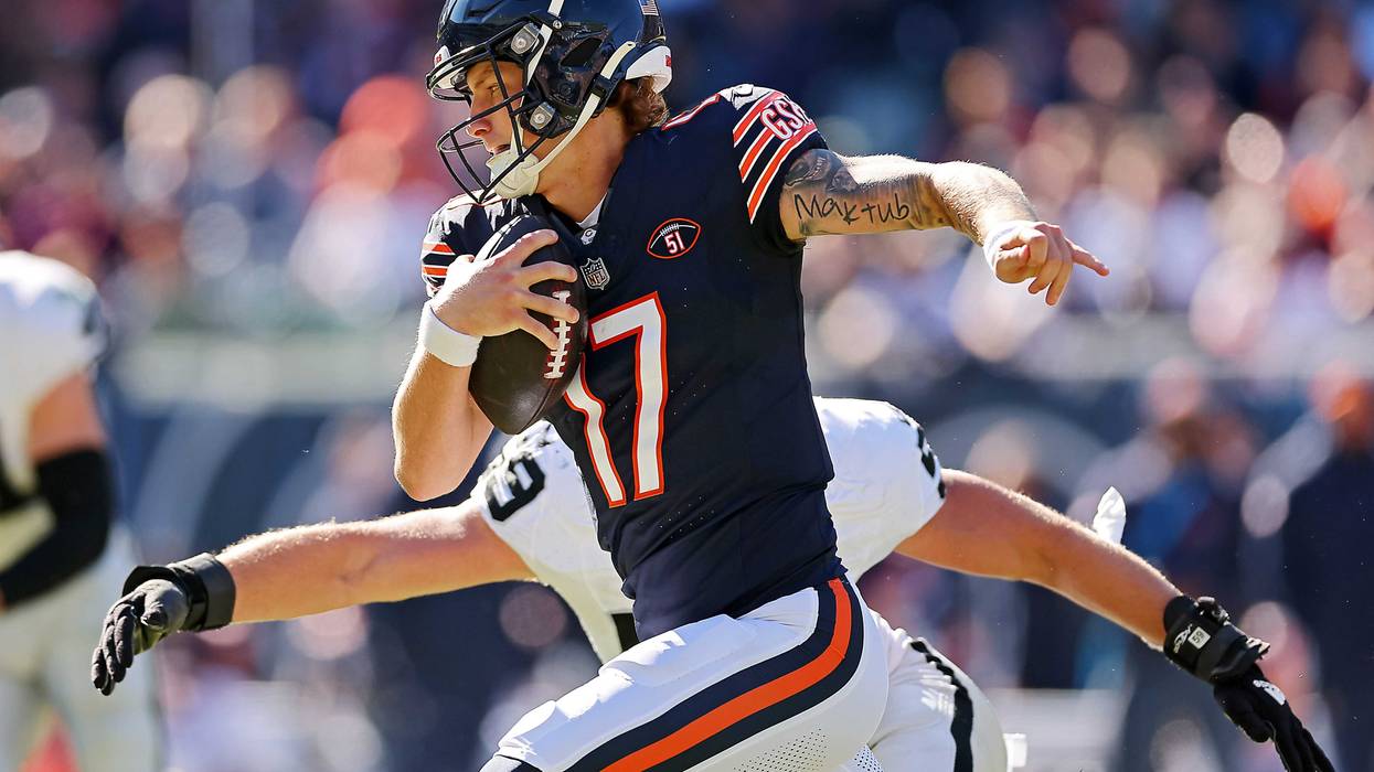 Tyson Bagent #17 of the Chicago Bears runs with the ball during the third quarter against the Las Vegas Raiders at Soldier Field on Oct. 22, 2023 in Chicago.
