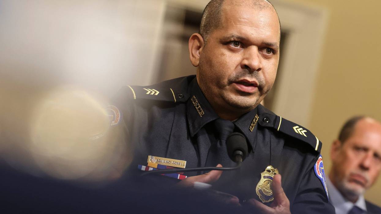 U.S. Capitol Police officer Sgt. Aquilino Gonell testifies before the House Select Committee investigating the January 6 attack on the U.S. Capitol on July 27, 2021 at the Cannon House Office Building in Washington, D.C.