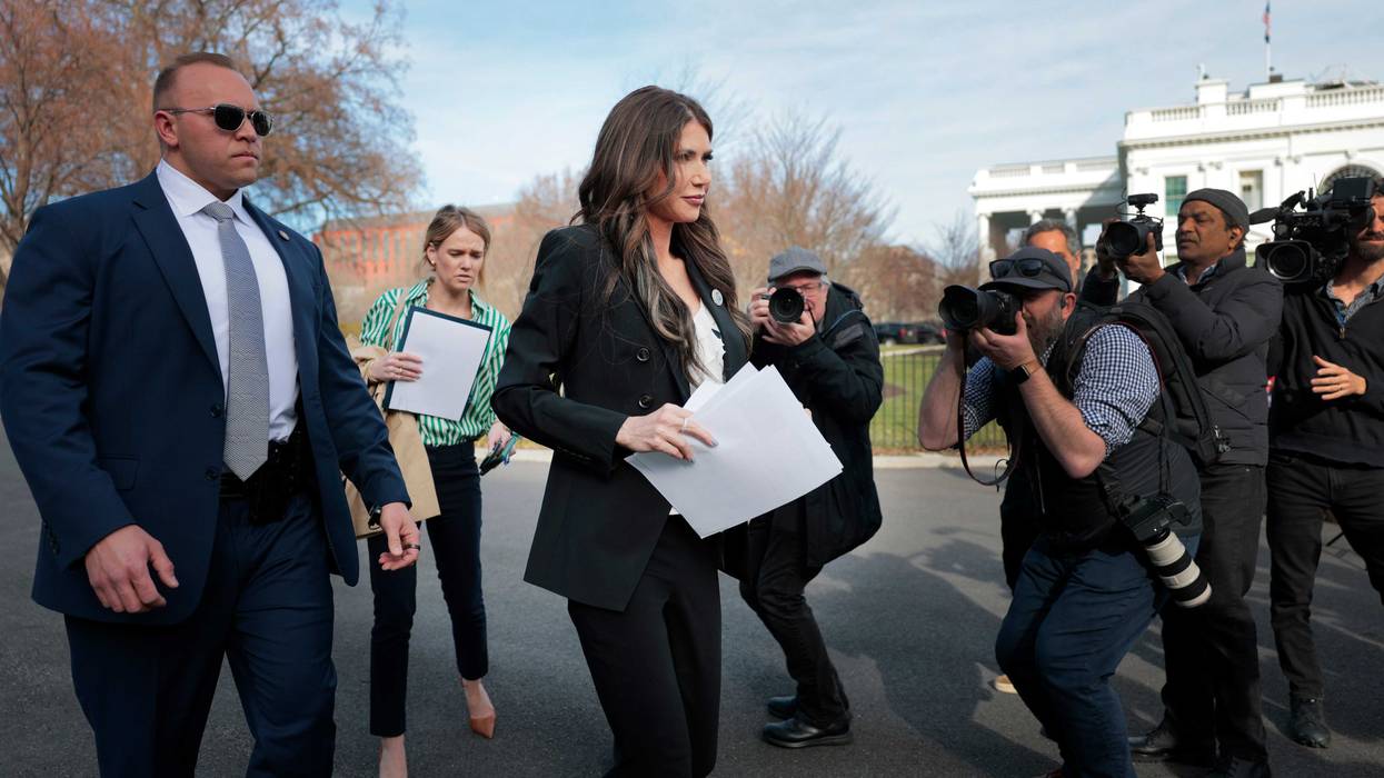 U.S. Department of Homeland Security Secretary Kristi Noem walks past reporters after doing a TV interview with Fox News outside of the White House on March 10, 2025 in Washington, DC.