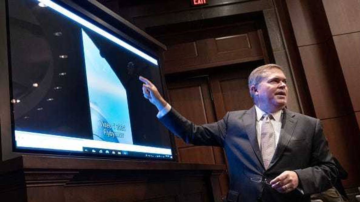 U.S. Deputy Director of Naval Intelligence Scott Bray explains a video of unidentified aerial phenomena, as he testifies before a House Intelligence Committee subcommittee hearing at the U.S. Capitol on May 17, 2022 in Washington, DC. The committee met to investigate Unidentified Aerial Phenomena, commonly referred to as Unidentified Flying Objects (UFOs).