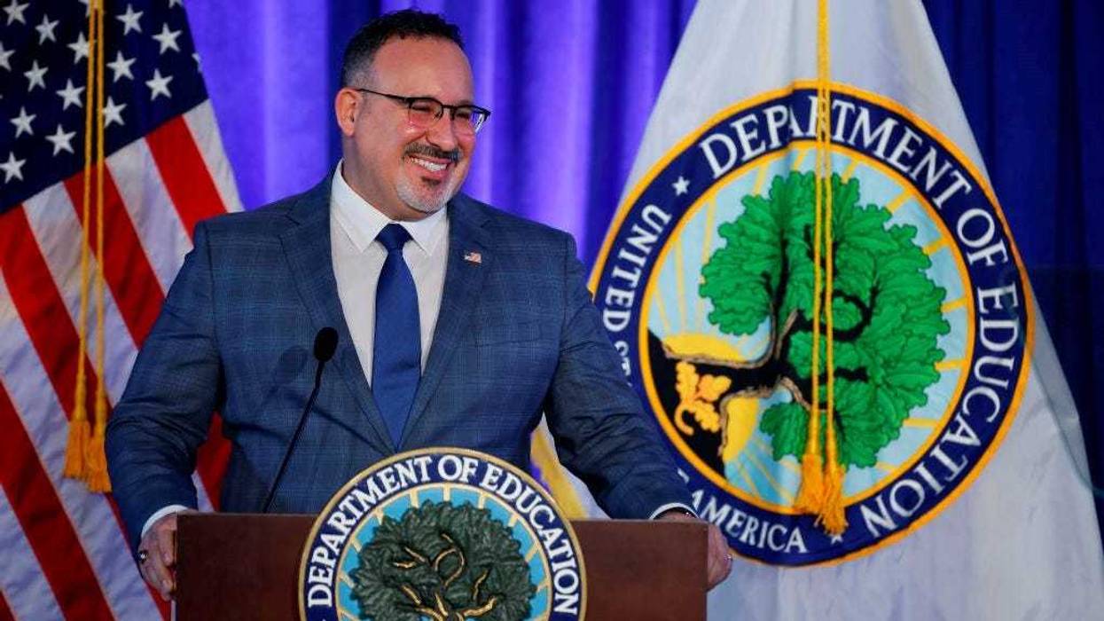 U.S. Education Secretary Miguel Cardona delivers remarks at the department's Lyndon Baines Johnson Building on January 27, 2022 in Washington, DC.