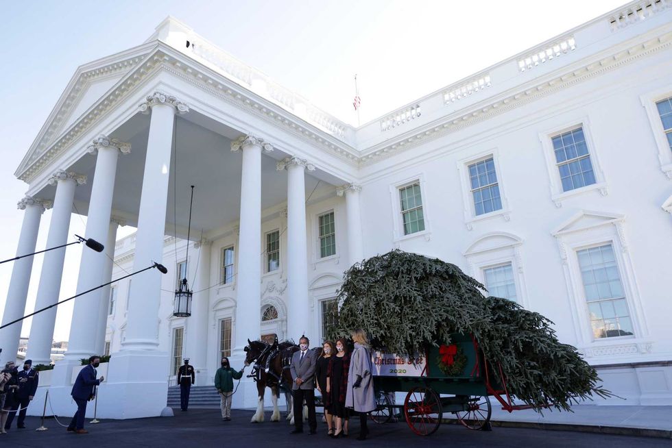 U.S. first lady Melania Trump waves as she receives the 2020 White House Christmas Tree November 23, 2020 at the White House in Washington, DC. The 18 foot tall Fraser Fir from West Virginia will be decorated and displayed in the Blue Room of the White House for this holiday season.
