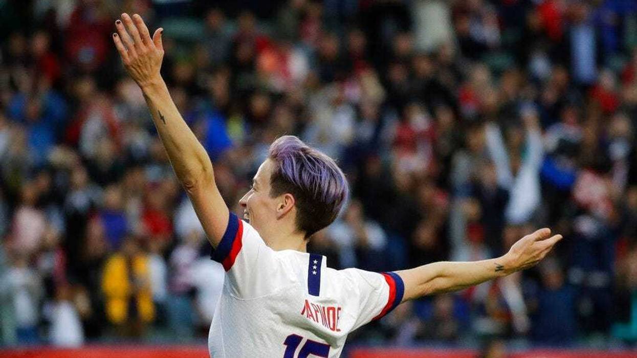 U.S. forward Megan Rapinoe celebrates after scoring against Canada during the second half of a CONCACAF women's Olympic qualifying soccer match Sunday, Feb. 9, 2020, in Carson, Calif. The U.S. won 3-0.