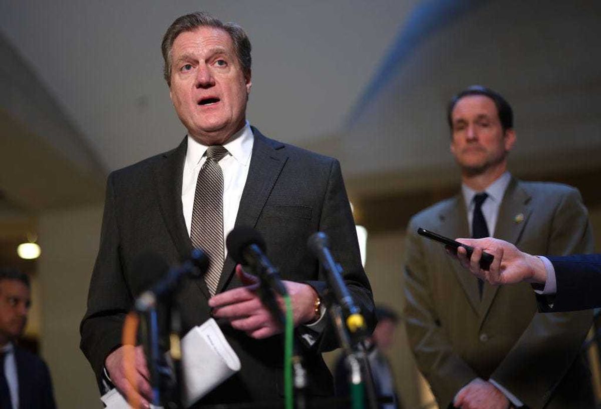 U.S. House Intelligence Chairman Rep. Mike Turner (R-OH) (L) and House Intelligence Ranking Member Jim Himes (D-CT) speak following a briefing with National Security Advisor Jake Sullivan at the U.S. Capitol on February 15, 2024 in Washington, DC. Russia is developing an anti-satellite weapon that is a cause for concern for the United States but poses no direct threat to people on Earth, the White House said on Thursday. (Photo by Kevin Dietsch/Getty Images)