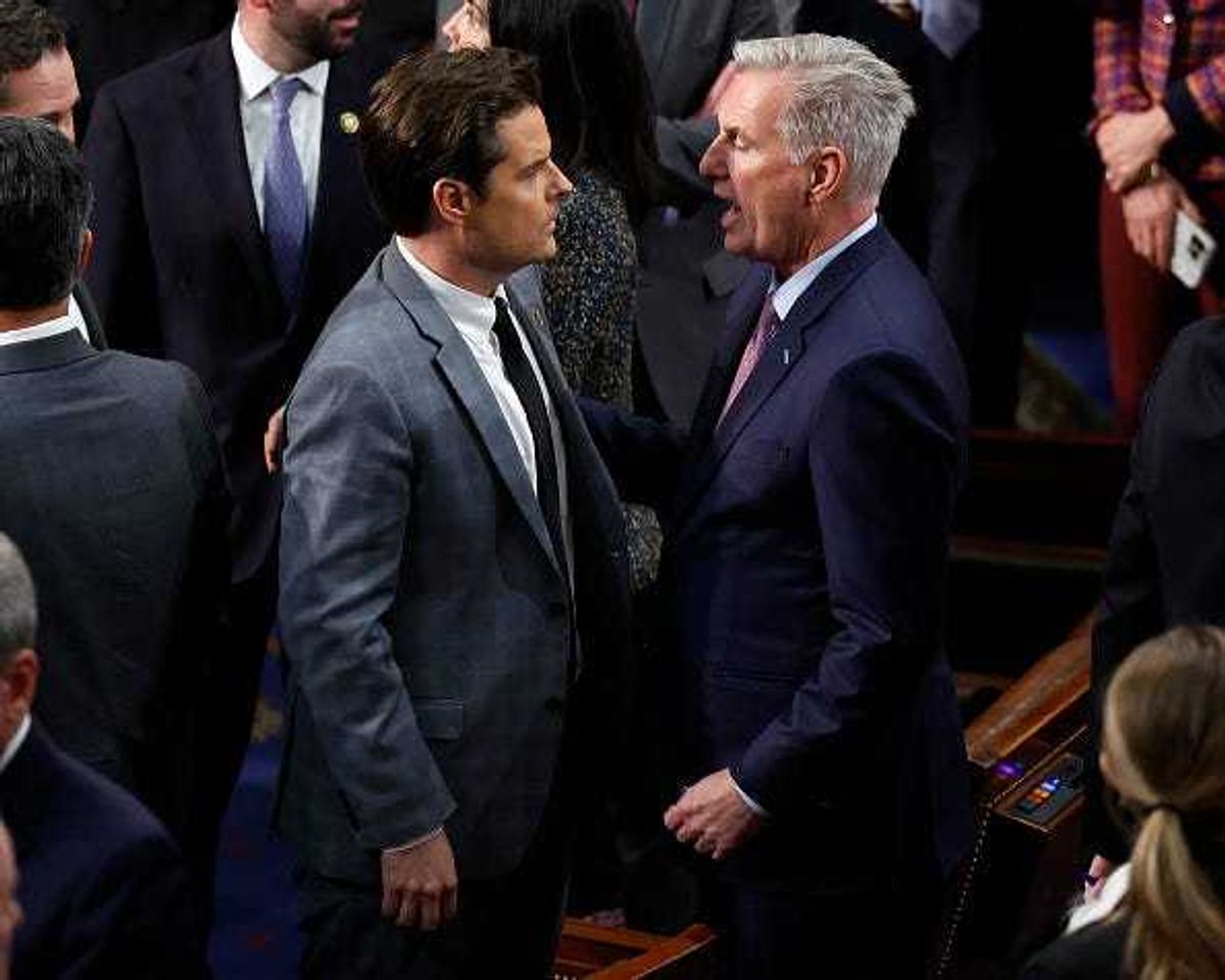 U.S. House Republican Leader Kevin McCarthy (R-CA) (L) talks to Rep.-elect Matt Gaetz (R-FL) in the House Chamber after Gaetz voted present during the fourth day of voting for Speaker of the House at the U.S. Capitol Building on January 06, 2023 in Washington, DC.