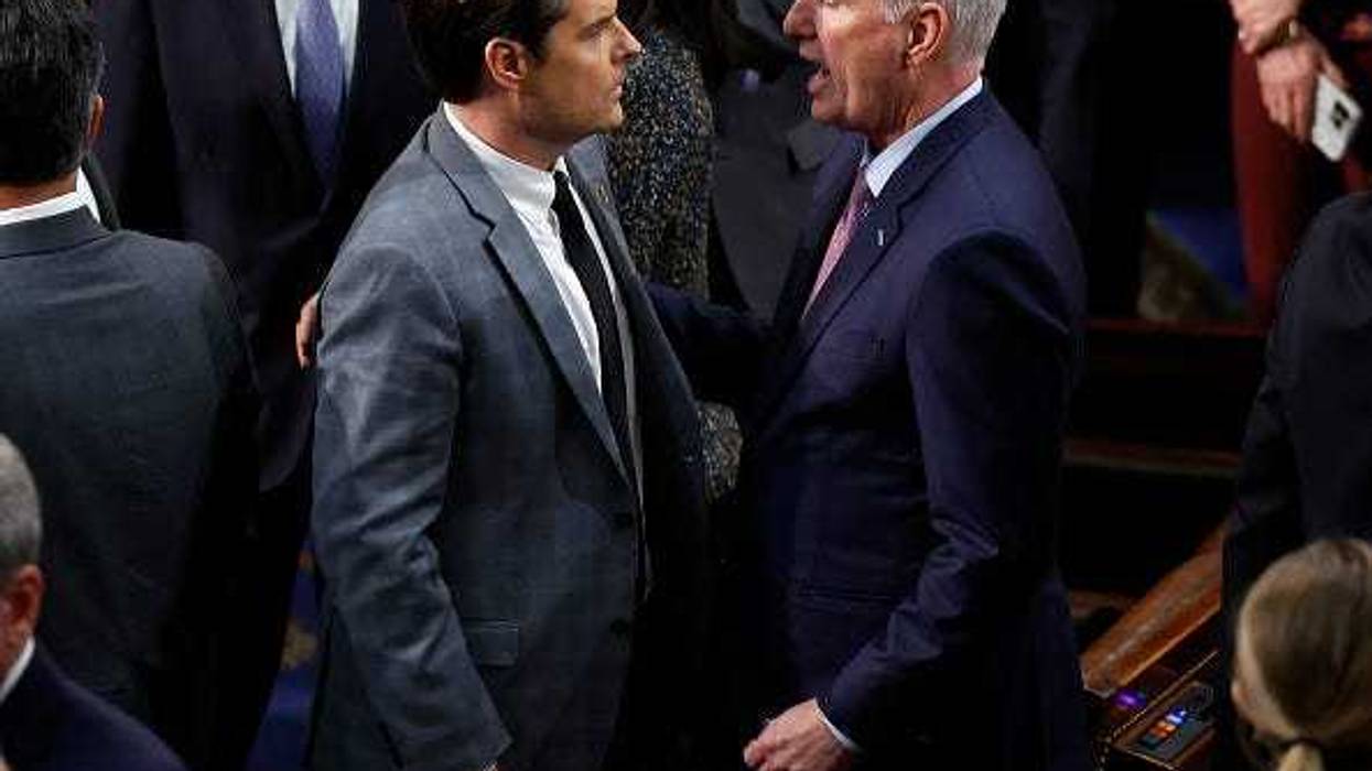 U.S. House Republican Leader Kevin McCarthy (R-CA) (L) talks to Rep.-elect Matt Gaetz (R-FL) in the House Chamber after Gaetz voted present during the fourth day of voting for Speaker of the House at the U.S. Capitol Building on January 06, 2023 in Washington, DC.