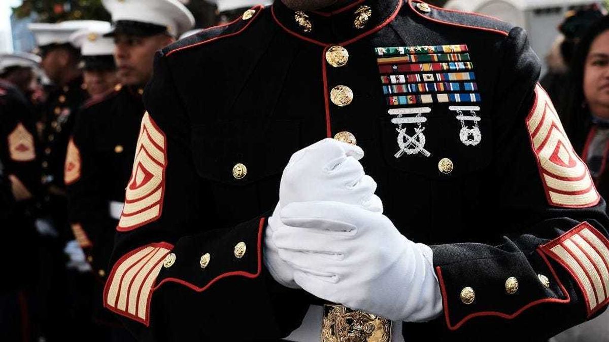 U.S. Marines prepare to march in the Veterans Day Parade on November 11, 2017 in New York City.