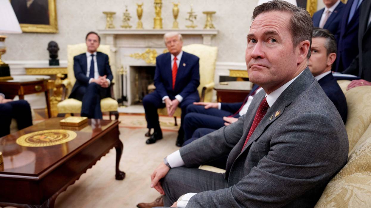 U.S. National Security Adviser Michael Waltz (R), takes a question from a reporter during a meeting with NATO Secretary General Mark Rutte (L) in the Oval Office of the White House on March 13, 2025 in Washington, DC.