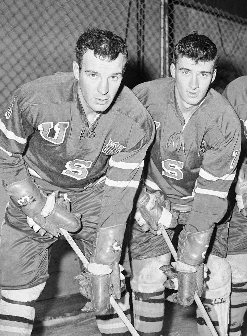 U .S. Olympic ice hockey forwards Roger Christian, left, and Bill Christian pose Jan. 6, 1960, at the United States Military Academy in West Point, N.Y.