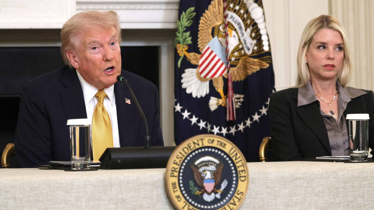 U.S. President Donald Trump and Attorney General Pam Bondi in the State Dining Room of the White House.