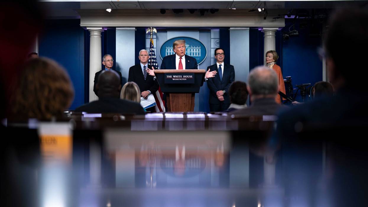 U.S. President Donald Trump, joined by members of the Coronavirus Task Force, speaks during a briefing on the coronavirus pandemic, in the press briefing room of the White House on March 25, 2020 in Washington, DC.