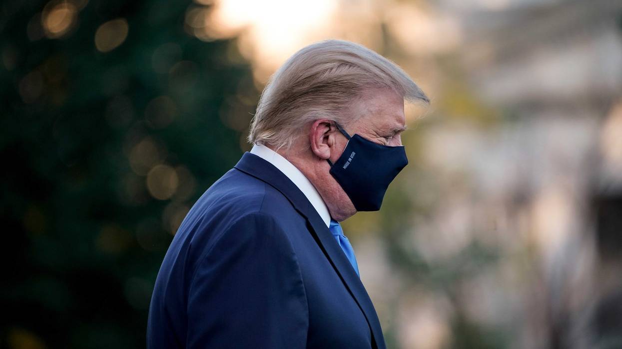 U.S. President Donald Trump leaves the White House for Walter Reed National Military Medical Center on the South Lawn of the White House on October 2, 2020 in Washington, DC.
