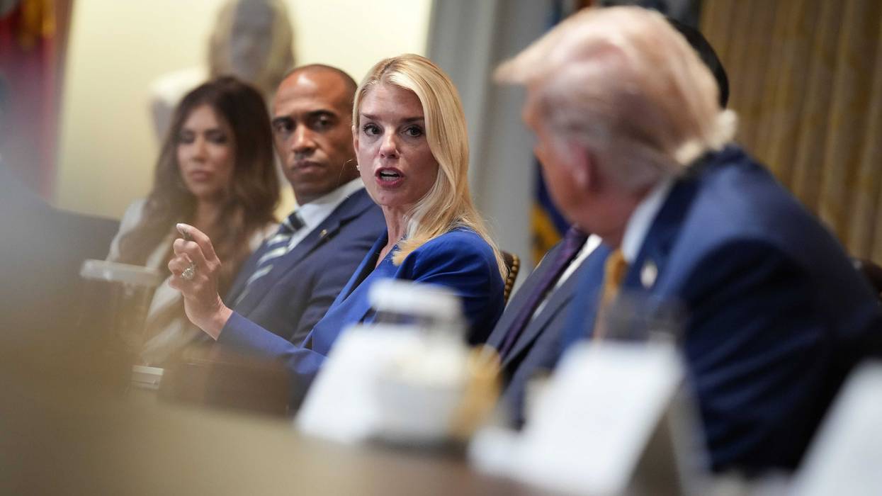 U.S. President Donald Trump (R) listens as Attorney General Pam Bondi (2nd R) speaks during a Cabinet Meeting at the White House on July 08, 2025 in Washington, DC.