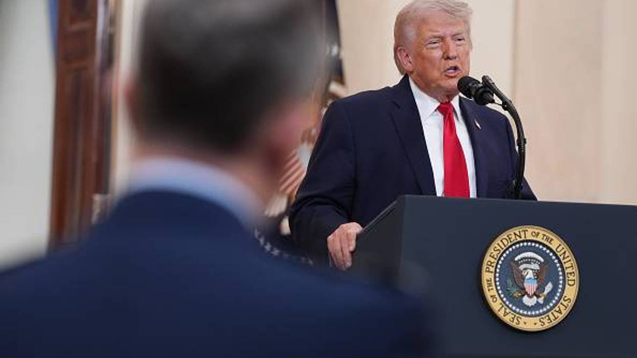 U.S. President Donald Trump speaks from Cross Hall of the White House on April 1, 2026 in Washington, DC. Trump used the prime-time address to update the nation on the war in Iran.