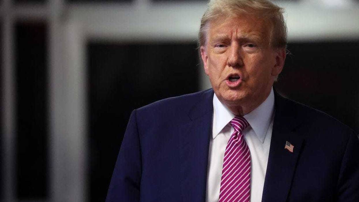 U.S. President Donald Trump speaks to the media after leaving the courtroom for the day at Manhattan Criminal Court during his trial for allegedly covering up hush money payments on April 19, 2024 in New York City. Former President Trump faces 34 felony counts of falsifying business records in the first of his criminal cases to go to trial. (Photo by Spencer Platt/Getty Images)