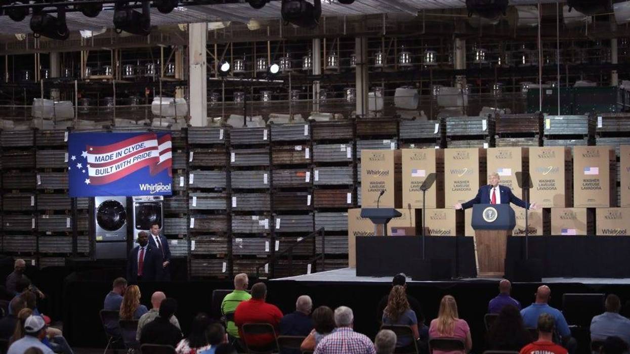 U.S. President Donald Trump speaks to workers at a Whirlpool manufacturing facility on August 06, 2020 in Clyde, Ohio. Whirlpool is the last remaining major appliance company headquartered in the United States.