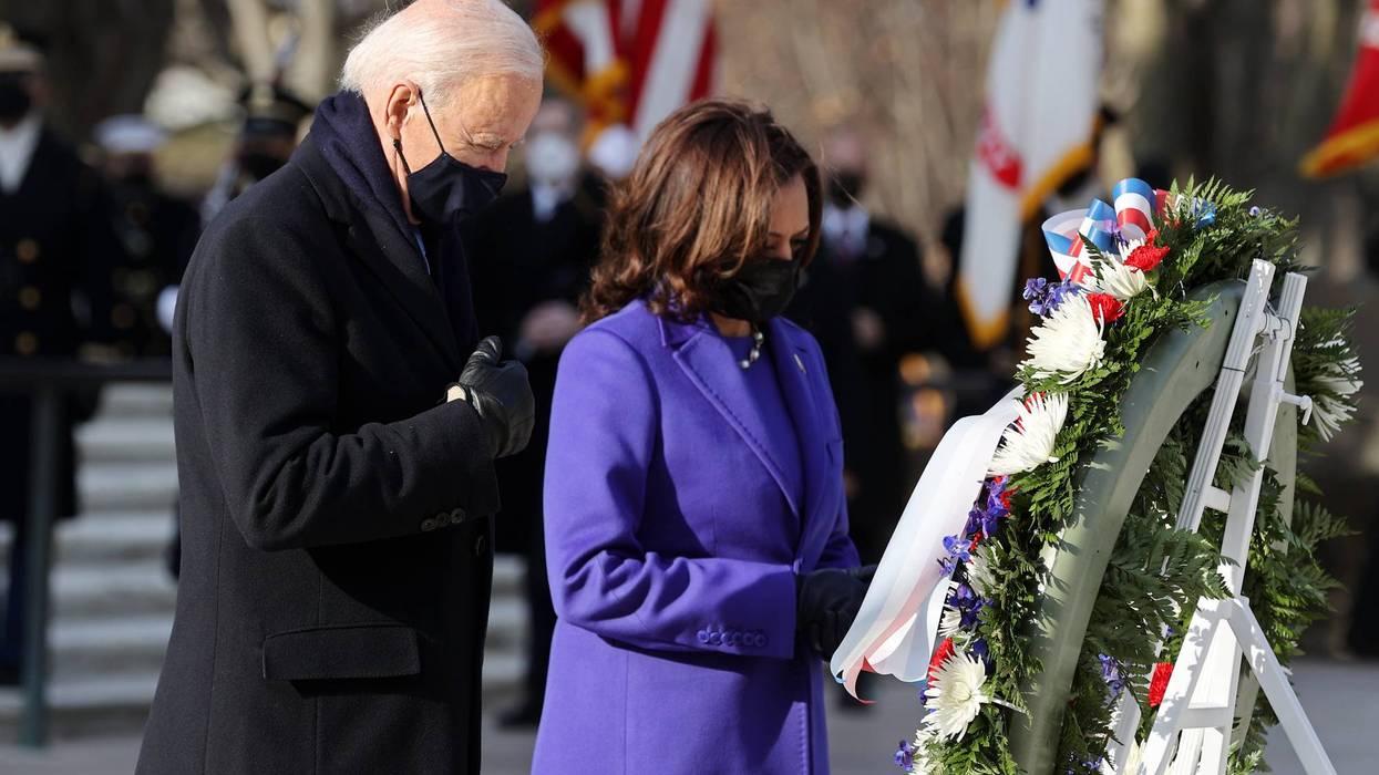 U.S. President Joe Biden and Vice President Kamala Harris attend a wreath-laying ceremony at Arlington National Cemetery's Tomb of the Unknown Soldier after the 59th Presidential Inauguration ceremony at the U.S. Capitol January 20, 2021 in Arlington, Virginia. During today's inauguration ceremony Joe Biden becomes the 46th president of the United States.