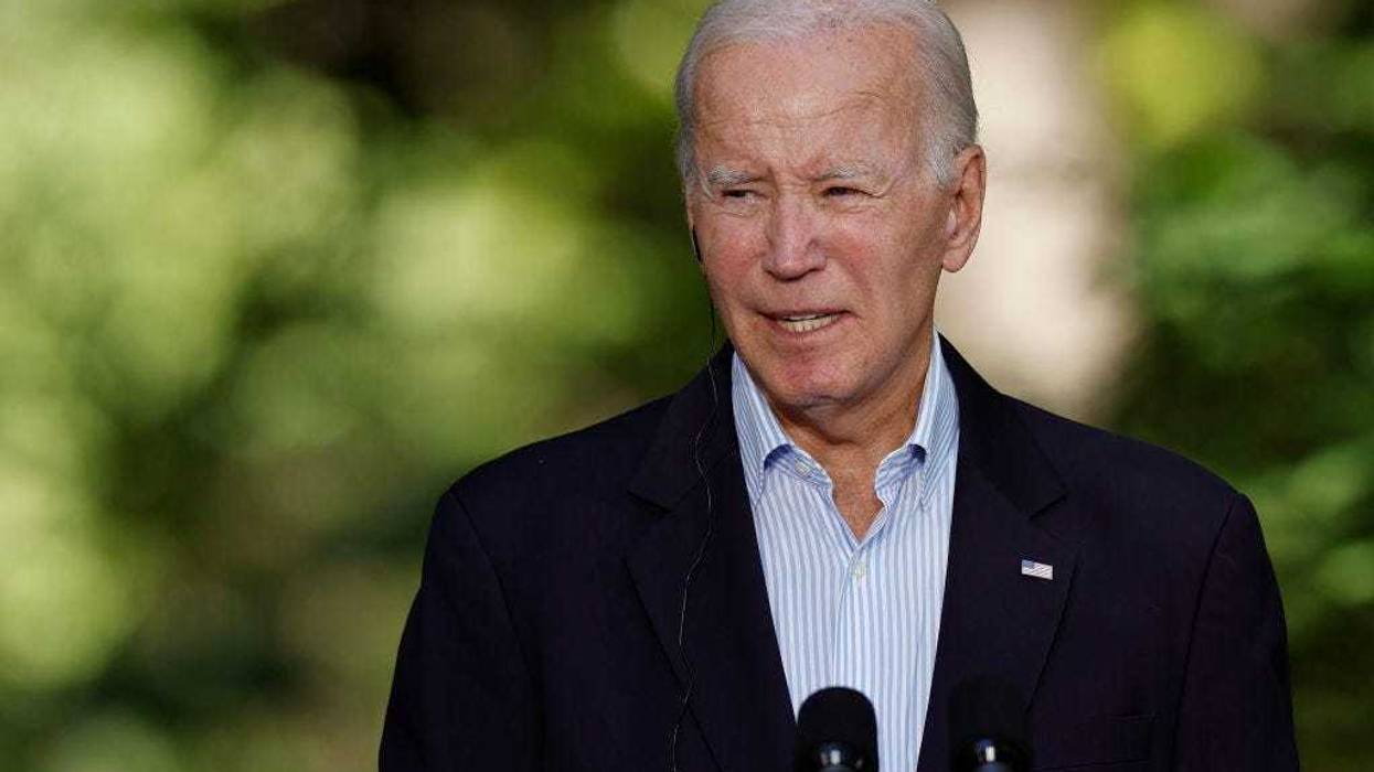 U.S. President Joe Biden delivers remarks during a joint news conference with South Korean President Yoon Suk Yeol and Japanese Prime Minister Kishida Fumio following three-way talks at Camp David on August 18, 2023 in Camp David, Maryland.