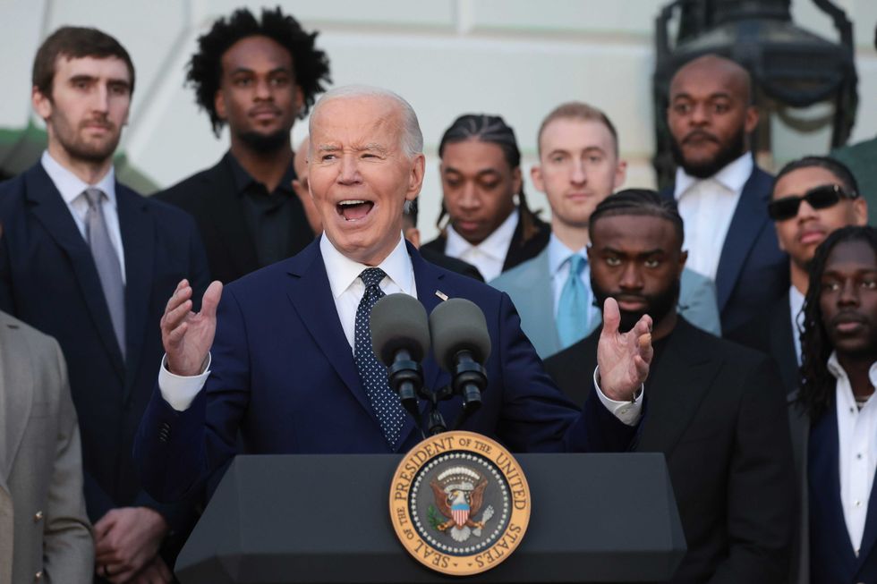U.S. President Joe Biden delivers remarks while welcoming the 2024 NBA Champion Boston Celtics to the White House November 21, 2024 in Washington, DC.