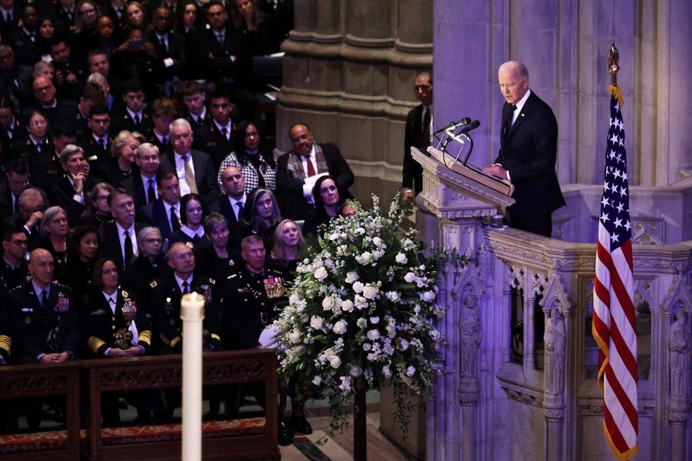 U.S. President Joe Biden delivers the eulogy during the state funeral for former U.S. President Jimmy Carter at Washington National Cathedral on Jan. 09, 2025 in Washington, DC.