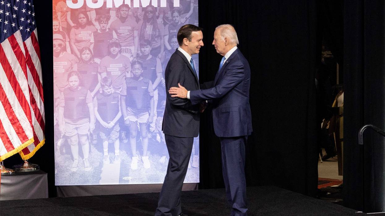 U.S. President Joe Biden is greeted by Sen. Chris Murphy (D-CT) before speaking at the National Safer Communities Summit at the University of Hartford on June 16, 2023 in West Hartford.
