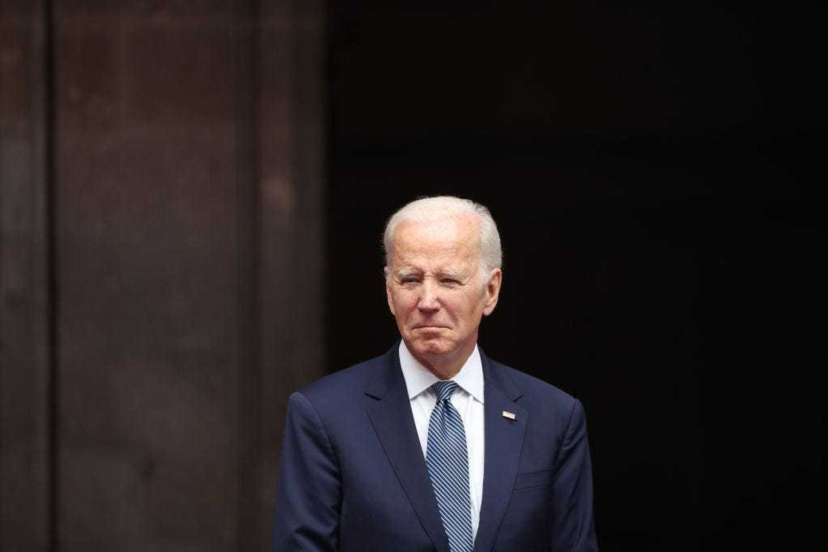 U.S. President Joe Biden looks on during a welcome ceremony as part of the '2023 North American Leaders' Summit at Palacio Nacional on January 09, 2023 in Mexico City, Mexico. President Lopez Obrador, USA President Joe Biden and Canadian Prime Minister Justin Trudeau gather in Mexico from January 9 to 11 as part of the 10th North American Leaders' Summit. The agenda includes topics on the climate change, immigration, trade and economic integration, security among others. (Photo by Hector Vivas/Getty Images)