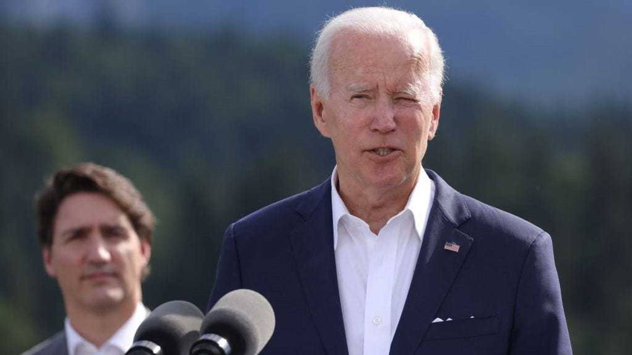 U.S. President Joe Biden speaks at the "Global Infrastructure" side event as Canadian Prime Minister Justin Trudeau looks on during the G7 summit at Schloss Elmau on June 26, 2022 near Garmisch-Partenkirchen, Germany.