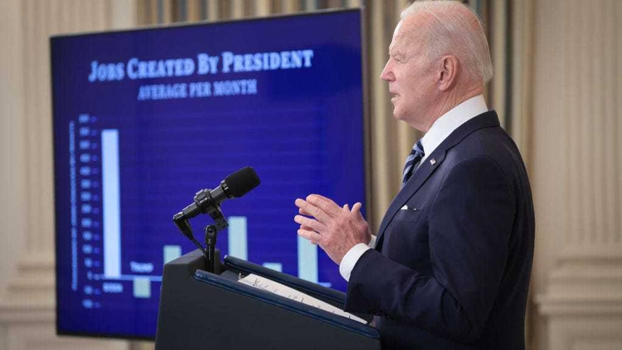 U.S. President Joe Biden speaks on the January jobs reports during an event in the State Dining Room of the White House February 4, 2022 in Washington, DC. The U.S. economy gained an additional 467,000 new jobs in January despite contending with a severe COVID surge. (Photo by Win McNamee/Getty Images)