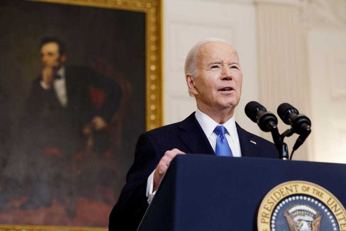 U.S. President Joe Biden speaks on the Senate's recent passage of the National Security Supplemental Bill, which provides military aid to Ukraine, Israel and Taiwan, in the State Dining Room of the White House on February 13, 2024 in Washington, DC.