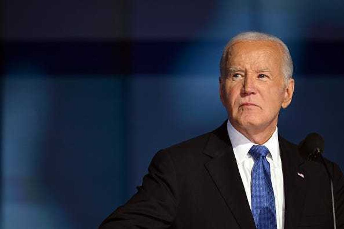 U.S. President Joe Biden speaks onstage during the first day of the Democratic National Convention at the United Center on August 19, 2024 in Chicago, Illinois.