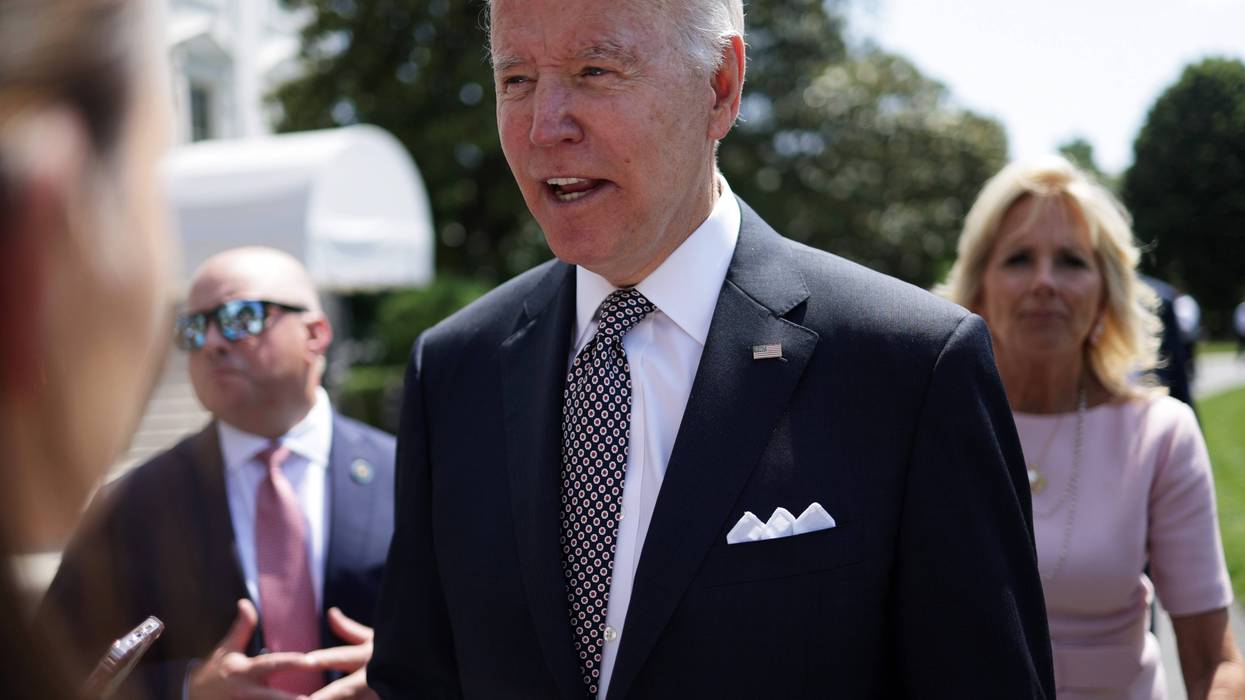 U.S. President Joe Biden speaks to members of the press prior to a Marine One departure from the White House June 17, 2022 in Washington, D.C.