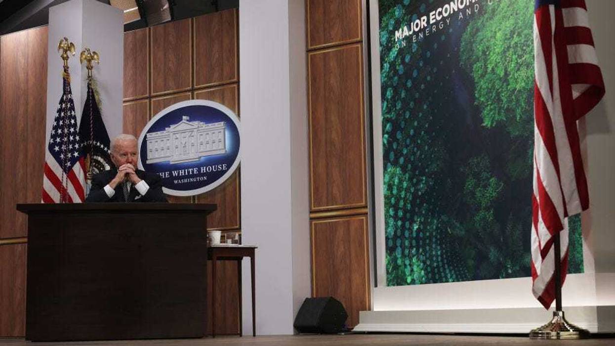 U.S. President Joe Biden waits for the beginning of a virtual Major Economies Forum on Energy and Climate (MEF) at the South Court Auditorium at Eisenhower Executive Office Building June 17, 2022 in Washington, DC. President Biden hosted the forum to discuss energy security, global food security and climate crisis. (Photo by Alex Wong/Getty Images)