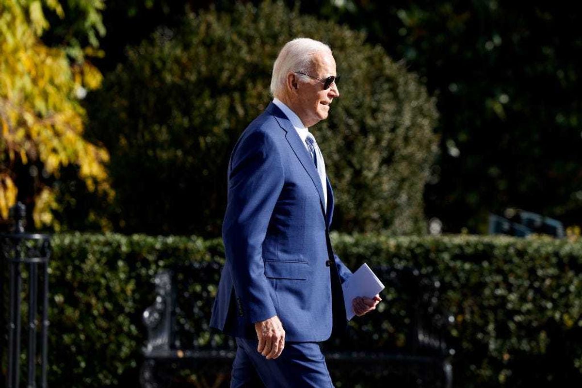 U.S. President Joe Biden walks on the South Lawn to board Marine One before departing the White House on December 08, 2023 in Washington, DC. Biden is traveling to Las Vegas, Nevada, for remarks his administration's infrastructure agenda and then later travel to California to attend campaign events over the weekend. (Photo by Anna Moneymaker/Getty Images)