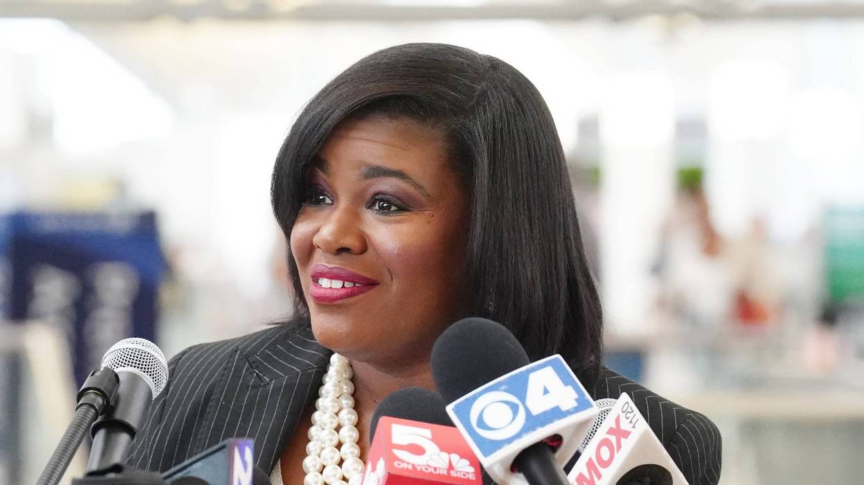 U.S. Rep. Cori Bush (D-Mo) before microphones
