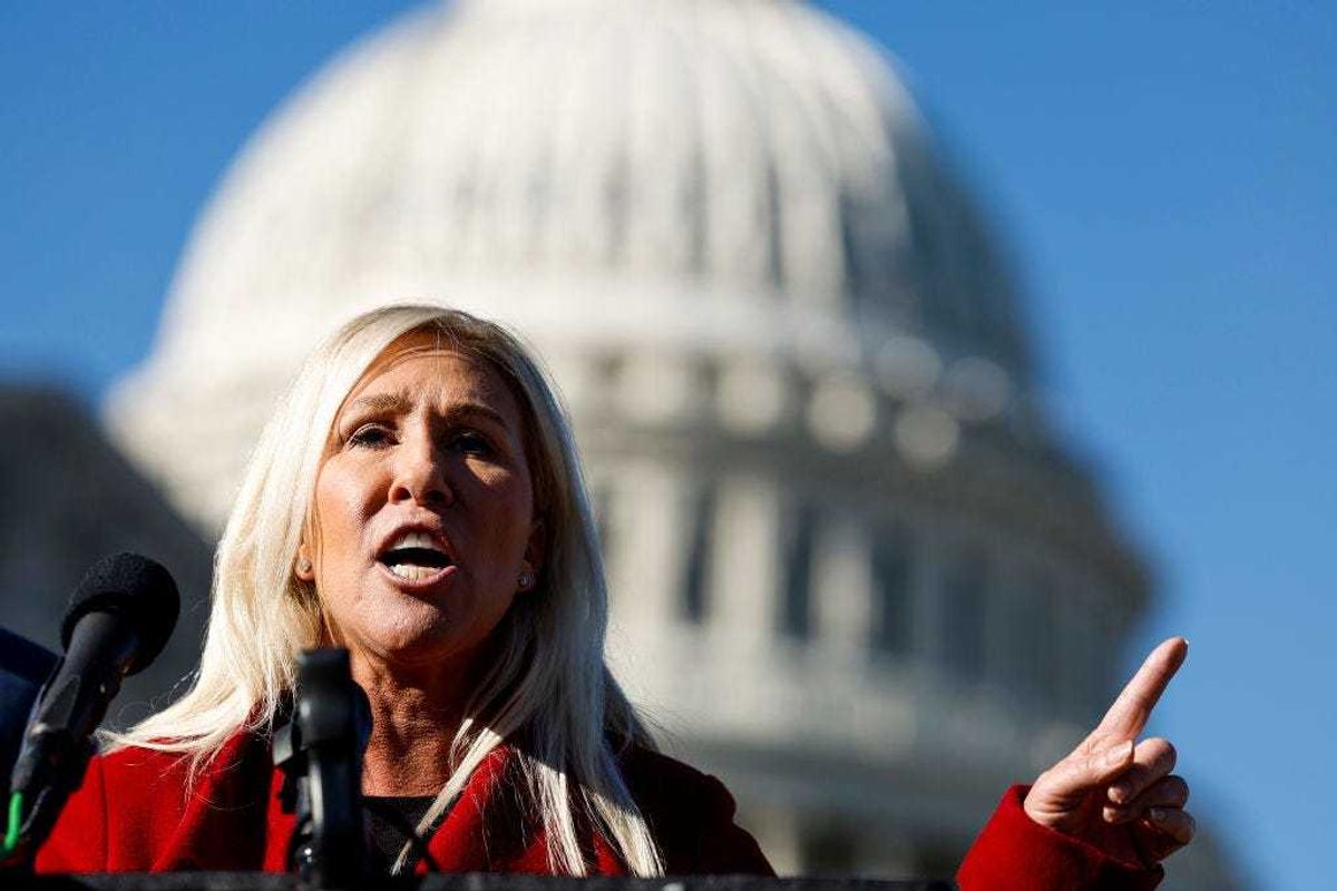 U.S. Rep. Marjorie Taylor Greene (R-GA) speaks alongside U.S. Rep. Tony Gonzales (R-TX) at a news conference on border security outside of the U.S. Capitol Building on November 14, 2023 in Washington, DC. The House Republicans spoke to reporters about the tabled impeachment motion for U.S. Homeland Security Secretary Alejandro Mayorkas and the southern border. (Photo by Anna Moneymaker/Getty Images)