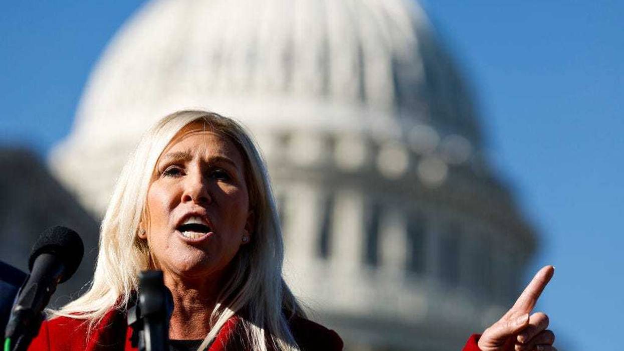 U.S. Rep. Marjorie Taylor Greene (R-GA) speaks alongside U.S. Rep. Tony Gonzales (R-TX) at a news conference on border security outside of the U.S. Capitol Building on November 14, 2023 in Washington, DC. The House Republicans spoke to reporters about the tabled impeachment motion for U.S. Homeland Security Secretary Alejandro Mayorkas and the southern border. (Photo by Anna Moneymaker/Getty Images)