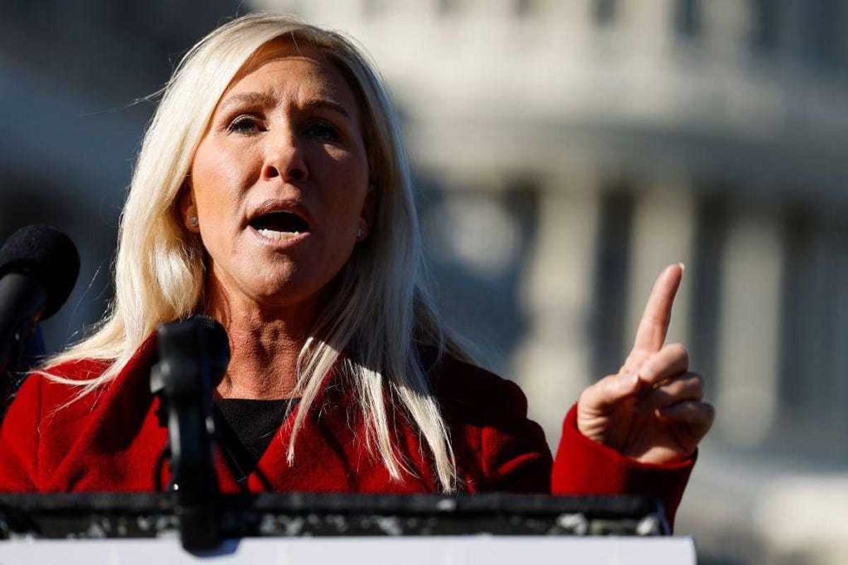 U.S. Rep. Marjorie Taylor Greene (R-GA) speaks alongside U.S. Rep. Tony Gonzales (R-TX) at a news conference on border security outside of the U.S. Capitol Building on November 14, 2023 in Washington, DC.