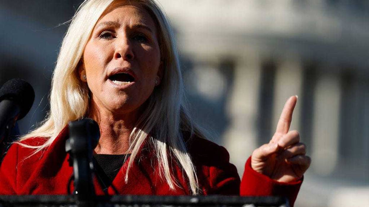 U.S. Rep. Marjorie Taylor Greene (R-GA) speaks alongside U.S. Rep. Tony Gonzales (R-TX) at a news conference on border security outside of the U.S. Capitol Building on November 14, 2023 in Washington, DC.