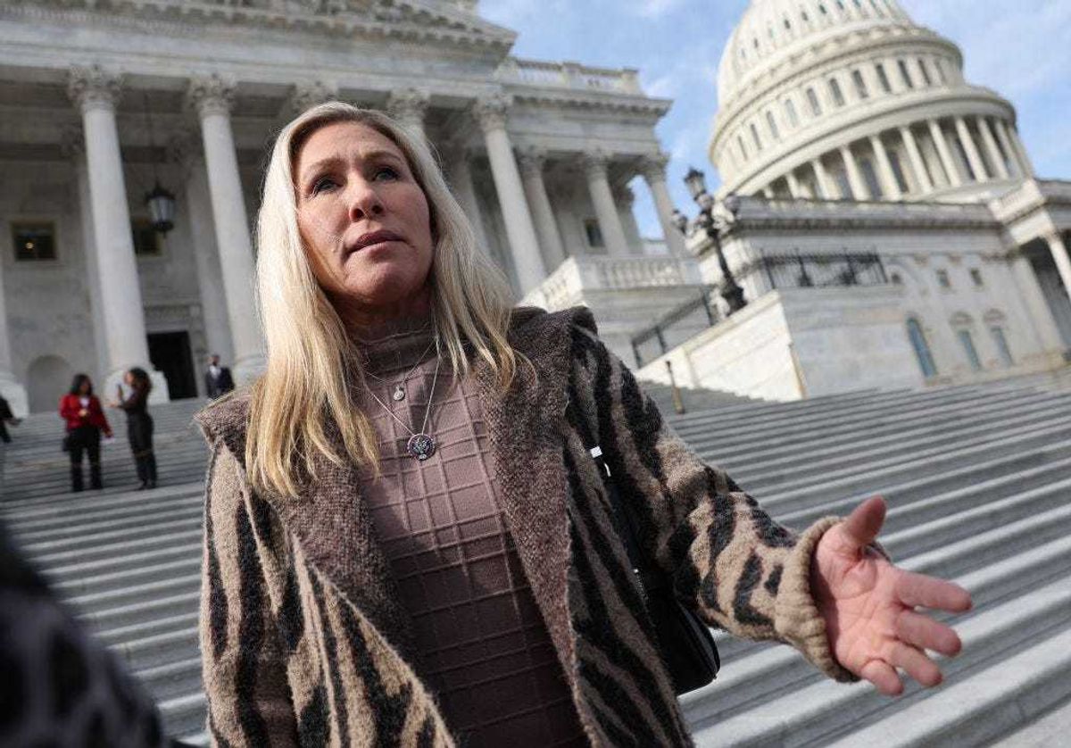 U.S. Rep. Marjorie Taylor Greene (R-GA) talks to reporters as she leaves the U.S. Capitol after the final series of votes for the week on February 02, 2023 in Washington, DC.