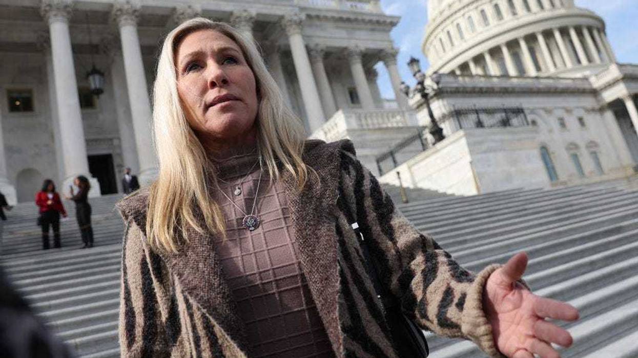 U.S. Rep. Marjorie Taylor Greene (R-GA) talks to reporters as she leaves the U.S. Capitol after the final series of votes for the week on February 02, 2023 in Washington, DC.