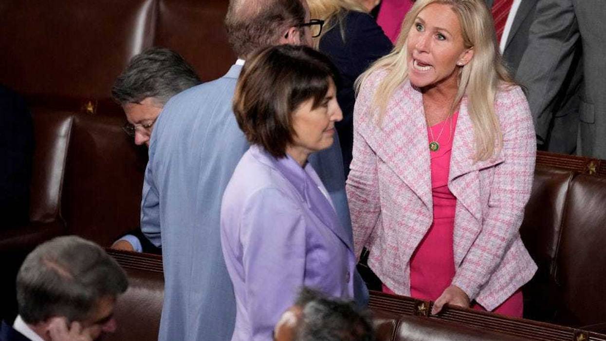 U.S. Rep. Marjorie Taylor Greene (R-GA) talks with fellow Representatives as they wait for an address by Indian Prime Minister Narendra Modi during a joint meeting of Congress at the U.S. Capitol on June 22, 2023 in Washington, DC.