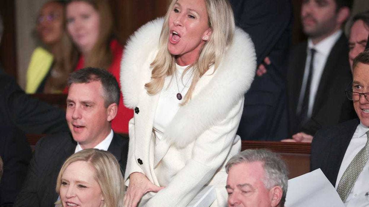 U.S. Rep. Marjorie Taylor Greene (R-GA) yells "Liar" during President Joe Biden's State of the Union address during a joint meeting of Congress in the House Chamber of the U.S. Capitol on February 07, 2023 in Washington, DC.