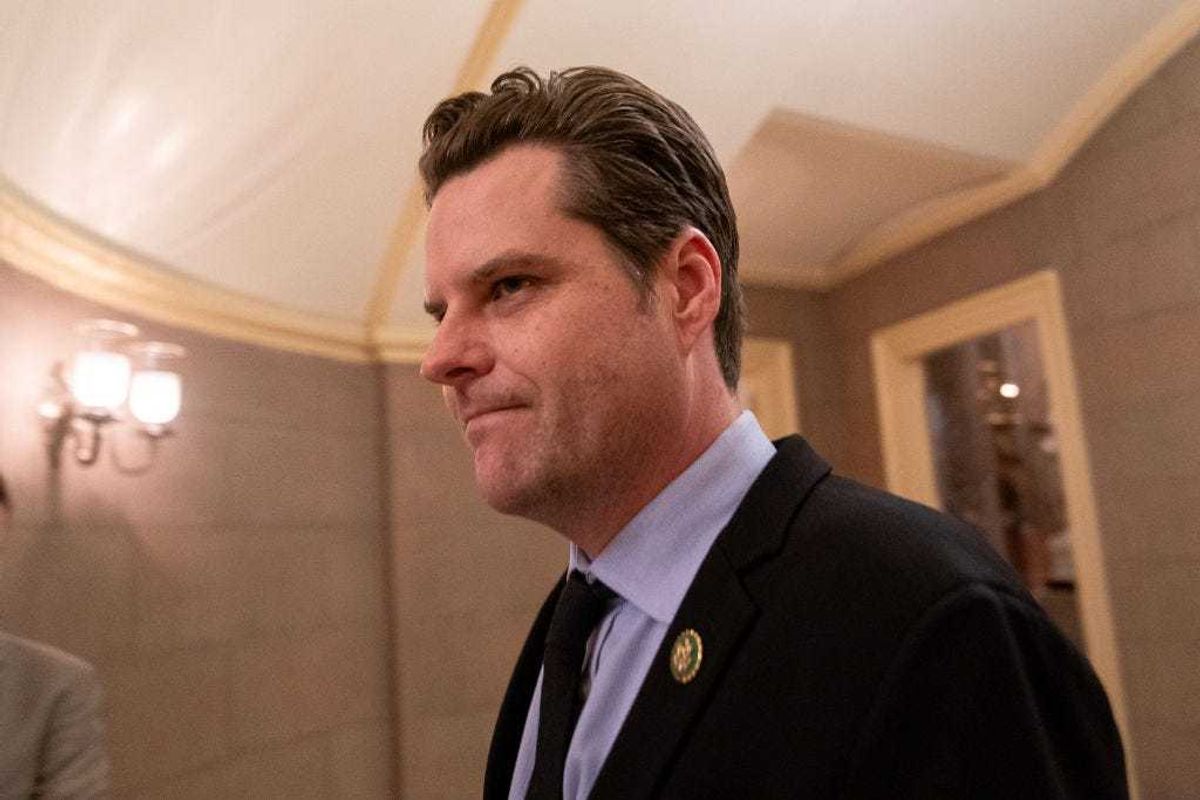 U.S. Rep. Matt Gaetz (R-FL) walks through the Capitol on February 28, 2024 in Washington, DC. Lawmakers continue work on the approaching government shutdown.
