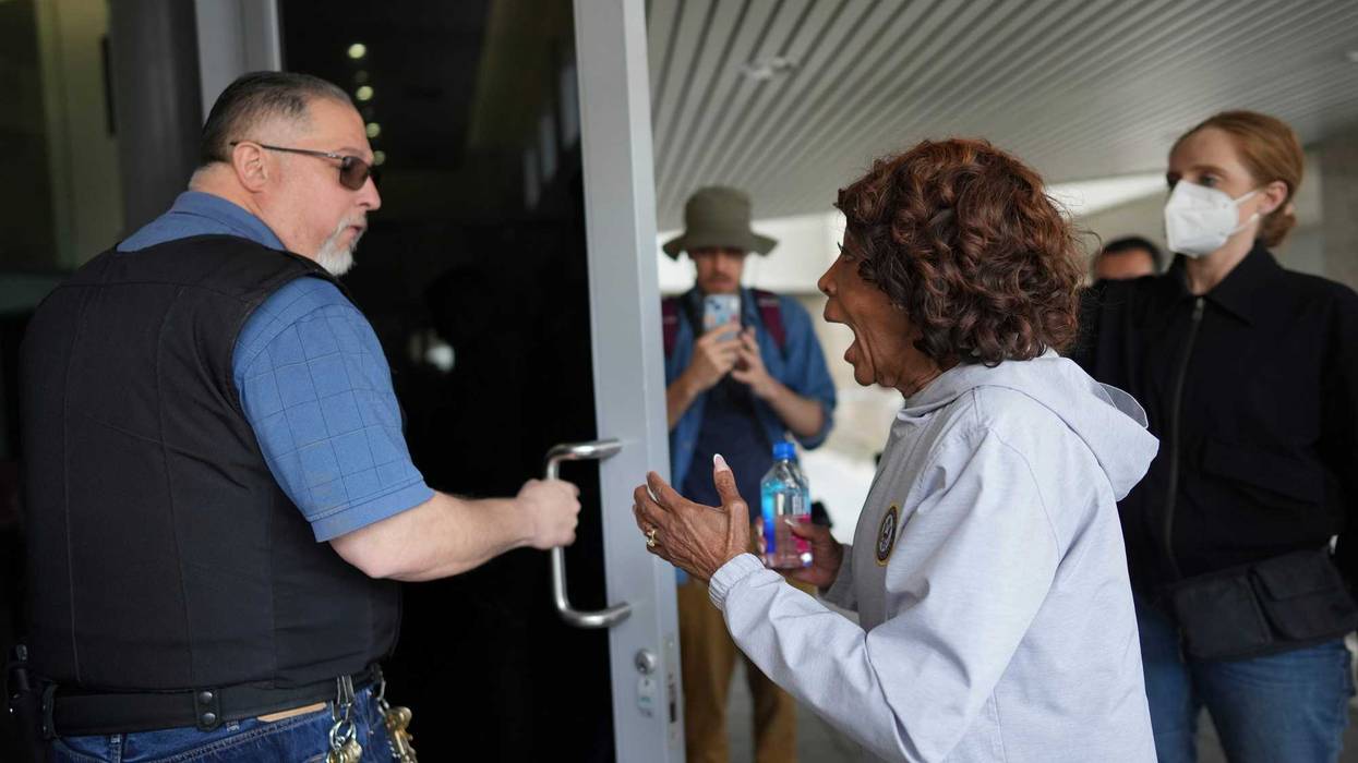 U.S. Rep. Maxine Waters, D-Calif., tries to enter the Federal Bureau of Prisons in downtown Los Angeles, Sunday, June 8, 2025, following last night's immigration raid protest.