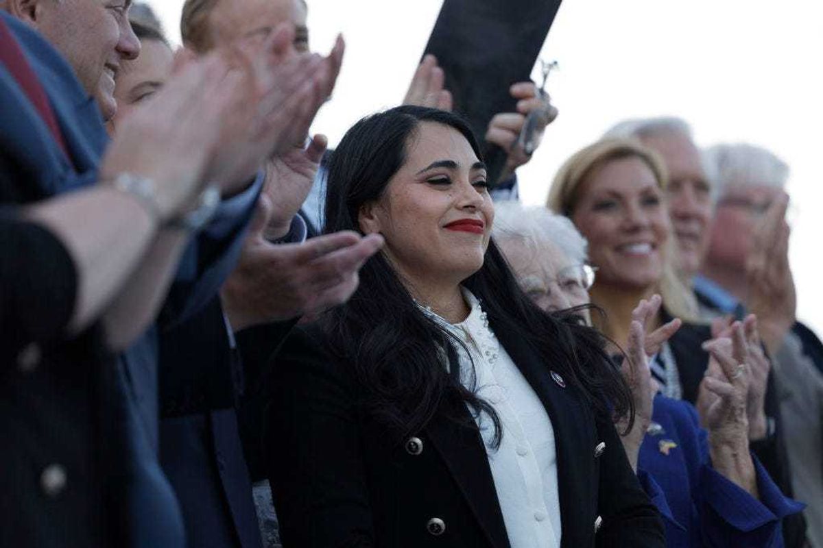 U.S. Rep. Mayra Flores (R-TX) is applauded by House Republicans at a news conference after being sworn in at the Capitol Building on June 21, 2022 in Washington, DC. Flores was elected to fill the seat held by Democratic Rep. Filemon Vela, who resigned from office in March. She is the first Mexican-born woman elected to Congress. (Photo by Anna Moneymaker/Getty Images)