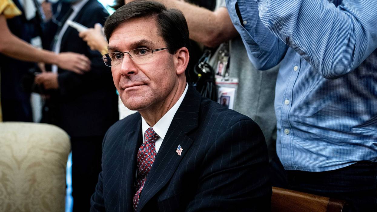 U.S. Secretary of Defense Mark Esper attends a meeting with Polish President Andrzej Duda and U.S. President Donald Trump in the Oval Office of the White House on June 24, 2020 in Washington, DC.