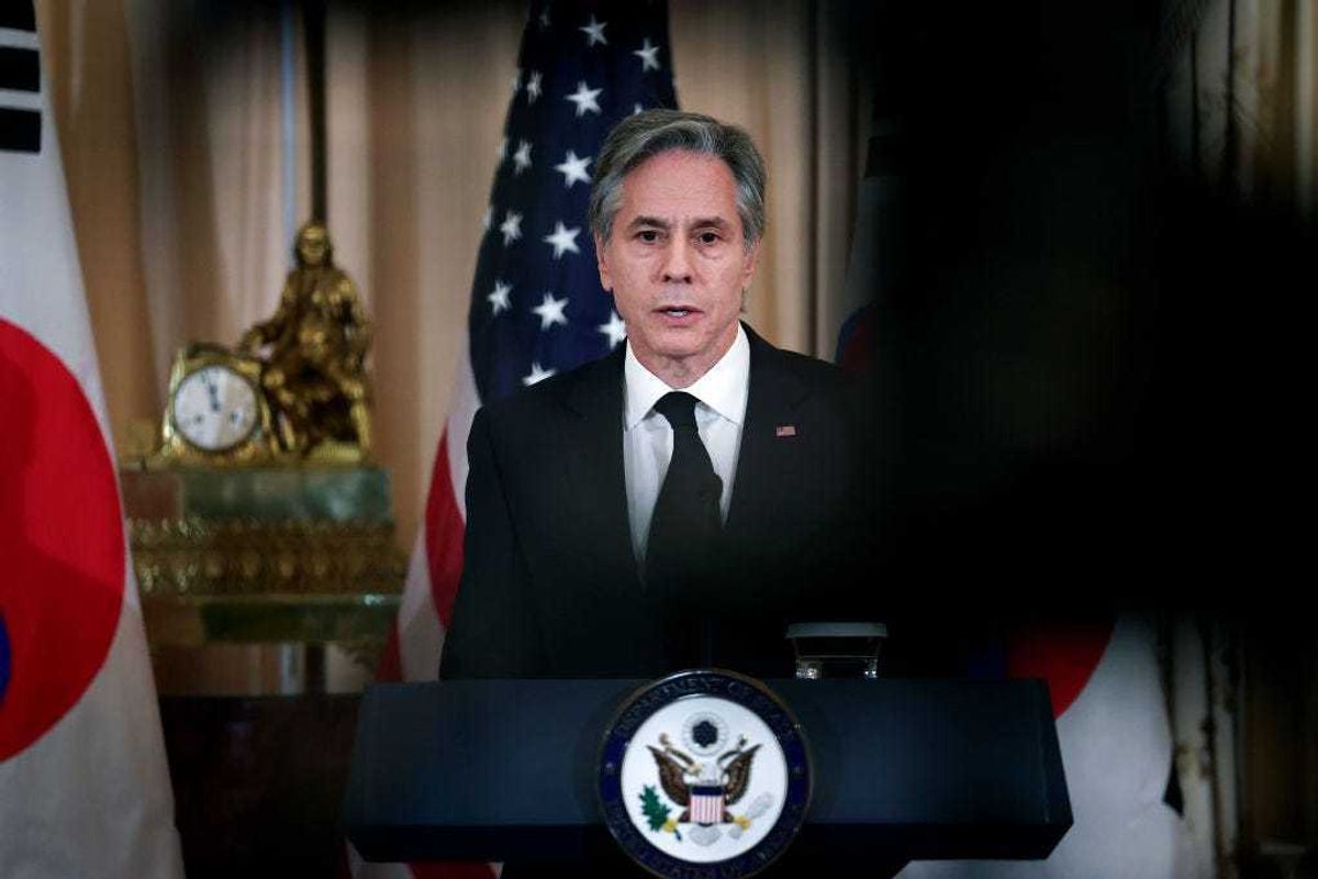 U.S. Secretary of State Antony Blinken speaks during an event with the South Korean foreign minister about the Chinese surveillance balloon identified in U.S. airspace February 3, 2023 in Washington, DC. Blinken canceled a planned diplomatic trip to China as a result of the incident. (Photo by Win McNamee/Getty Images)