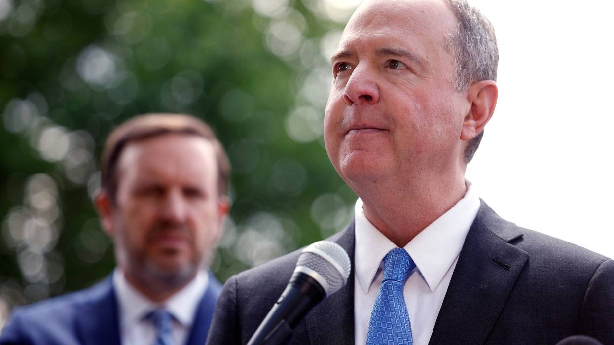 U.S. Sen. Adam Schiff (D-CA), joined by Sen. Chris Murphy (D-CT), speaks at a press conference introducing the Assault Weapons Ban of 2025 on April 30, 2025 in Washington, DC.